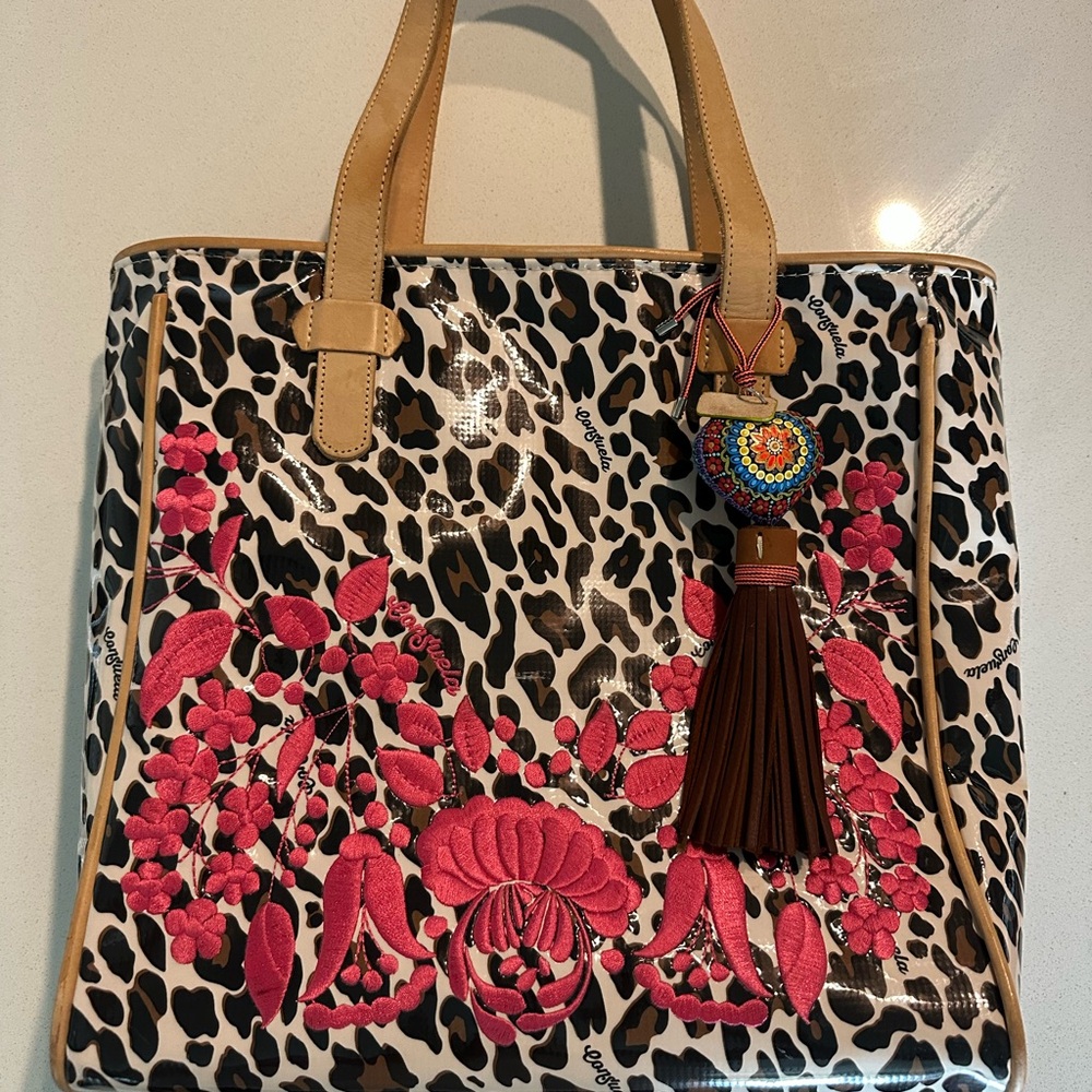 Consuela Pink and Tan Tote Bag with Vibrant Design